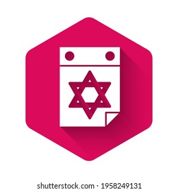 White Jewish calendar with star of david icon isolated with long shadow background. Hanukkah calendar day. Pink hexagon button. Vector