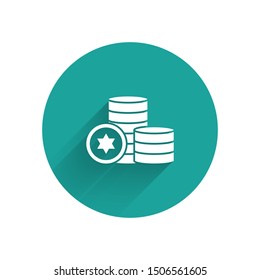 White Jewish coin icon isolated with long shadow. Currency symbol. Green circle button. Vector Illustration