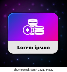 White Jewish coin icon isolated on black background. Currency symbol. Rectangle color button. Vector Illustration