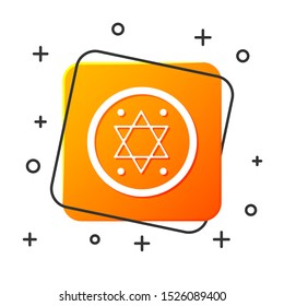 White Jewish coin icon isolated on white background. Currency symbol. Orange square button. Vector Illustration
