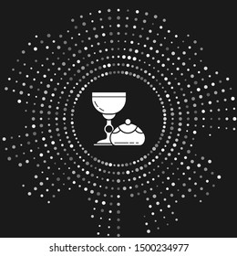 White Jewish goblet and hanukkah sufganiyot icon isolated on grey background. Jewish sweet bakery. Wine cup for kiddush. Abstract circle random dots. Vector Illustration