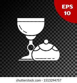 White Jewish goblet and hanukkah sufganiyot icon isolated on transparent dark background. Jewish sweet bakery. Wine cup for kiddush.  Vector Illustration
