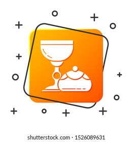 White Jewish goblet and hanukkah sufganiyot icon isolated on white background. Jewish sweet bakery. Wine cup for kiddush. Orange square button. Vector Illustration