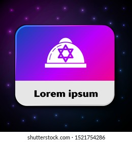White Jewish kippah with star of david icon isolated on black background. Jewish yarmulke hat. Rectangle color button. Vector Illustration