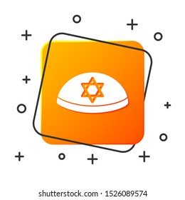 White Jewish kippah with star of david icon isolated on white background. Jewish yarmulke hat. Orange square button. Vector Illustration