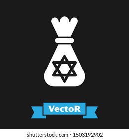 White Jewish money bag with star of david icon isolated on black background. Currency symbol.  Vector Illustration