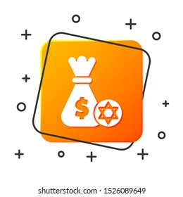 White Jewish money bag with star of david and coin icon isolated on white background. Currency symbol. Orange square button. Vector Illustration