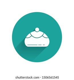 White Jewish sweet bakery icon isolated with long shadow. Hanukkah sufganiyot. Jewish easter cake. Green circle button. Vector Illustration