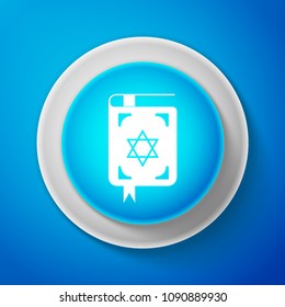 White Jewish torah book icon isolated on blue background. The Book of the Pentateuch of Moses. On the cover of the Bible is the image of the Star of David. Circle blue button. Vector Illustration