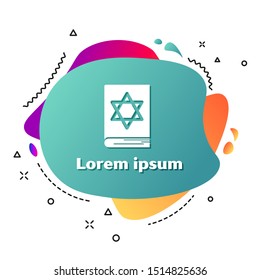 White Jewish torah book icon isolated on white background. Pentateuch of Moses. On the cover of the Bible is the image of the Star of David. Abstract banner with liquid shapes. Vector Illustration