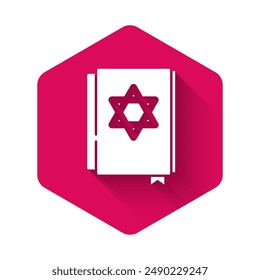 White Jewish torah book icon isolated with long shadow background. Pentateuch of Moses. On the cover of the Bible is the image of the Star of David. Pink hexagon button. Vector