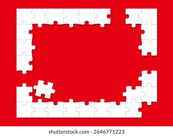 White Jigsaw Puzzle Frame With Text Space Isolated On A Bright Red Background. Vector Illustration.