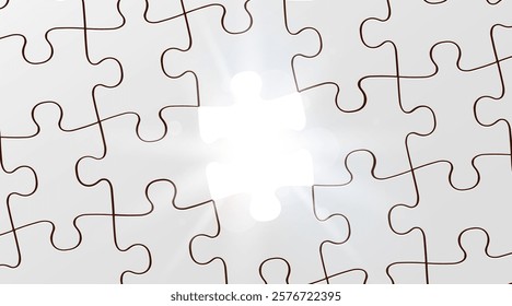 White jigsaw puzzle game texture incomplete or missing piece and light beams. Top view. Vector illustration