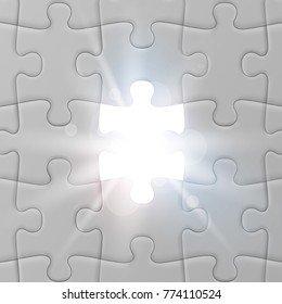 White jigsaw puzzle with missed and shining piece. Solution concept. Vector illustration
