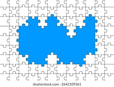 White jigsaw puzzle pieces create a minimalist border as abstract background. The design highlights concepts of connection, teamwork, problem solving, game, and education. White puzzle banner design