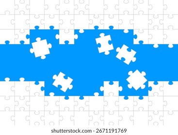 White jigsaw puzzle pieces create a minimalist border as abstract background. The design highlights concepts of connection, teamwork, problem solving, game, and education. White puzzle banner design