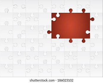 white jigsaw puzzle with the space of missing pieces on red background. space for sample text. vector illustration.