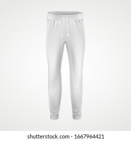 White jogging pants, vector mockup model template. Joggers or tracksuit pants, men and women sportswear or casual apparel blank model for branding design