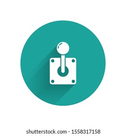 White Joystick for arcade machine icon isolated with long shadow. Joystick gamepad. Green circle button. Vector Illustration