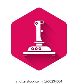 White Joystick for arcade machine icon isolated with long shadow. Joystick gamepad. Pink hexagon button. Vector Illustration