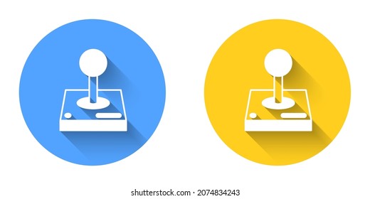 White Joystick for arcade machine icon isolated with long shadow background. Joystick gamepad. Circle button. Vector