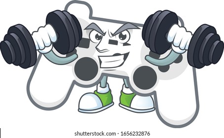 White joystick mascot icon on fitness exercise trying barbells