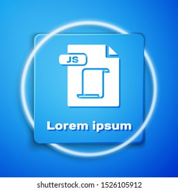 White JS file document. Download js button icon isolated on blue background. JS file symbol. Blue square button. Vector Illustration