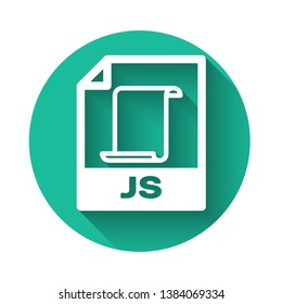 White JS file document icon. Download js button icon isolated with long shadow. JS file symbol. Green circle button. Vector Illustration
