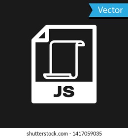 White JS file document icon. Download js button icon isolated on black background. JS file symbol. Vector Illustration