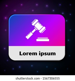 White Judge gavel icon isolated on black background. Gavel for adjudication of sentences and bills, court, justice. Auction hammer. Rectangle color button. Vector Illustration