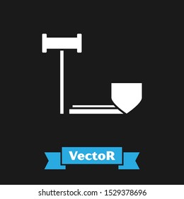 White Judge gavel with shield icon isolated on black background. Insurance concept. Security, safety, protection, protect concept. Vector Illustration White Judge gavel with shield icon isolated on black background. Insurance concept. Security, safety, protection, protect concept. Vector Illustration