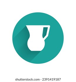 White Jug glass with water icon isolated with long shadow. Kettle for water. Glass decanter with drinking water. Green circle button. Vector