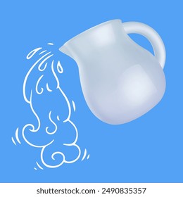 White jug in realistic 3d style with hand drawn doodle falling liquid. Minimalistic modern collage. Vector illustration.