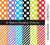 White Jumbo Polka Dot and Stripe Patterns in Blue, Purple, Orange, Red, Lime Green and Black. Perfect as Kids Monster, Sugar Rush or Rainbow Party Background. Pattern Swatches made with Global Colors.