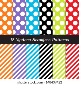 White Jumbo Polka Dot and Stripe Patterns in Blue, Purple, Orange, Red, Lime Green and Black. Perfect as Kids Monster, Sugar Rush or Rainbow Party Background. Pattern Swatches made with Global Colors.