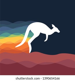 White kangaroo with with waves of rainbow color behind it. Kangaroo with colorfull background