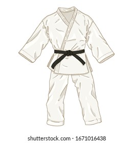 White Karate Kimono With Black Belt. Vector Cartoon Gi Illustration.