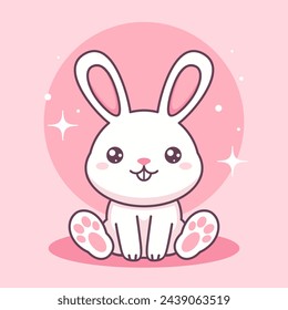 Weißer Kawaii-Hase auf rosa Hintergrund. Vektor niedliche Tierfigur.