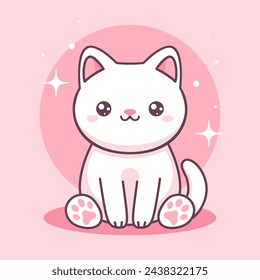 Weiße Kawaii-Katze auf rosa Hintergrund. Vektor niedliche Tierfigur.