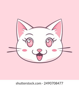 White kawaii cat's head on pink background. Vector cute animal character. 