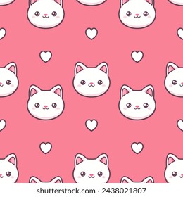 White kawaii cats and hearts on pink background. Vector seamless pattern. 