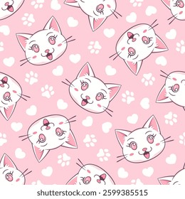 White kawaii cats, hearts and paw prints on pink background. Vector seamless pattern. 