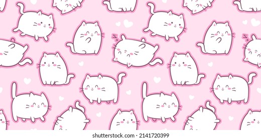 White Kawaii Cats or kittens in funny poses - vector seamless pattern. Cute baby cats for print or sticker design.  Adorable kawaii animals on pink background