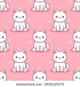 White kawaii cats on pink background. Vector seamless pattern. 