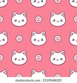 White kawaii cats and paw prints on pink background. Vector seamless pattern. 