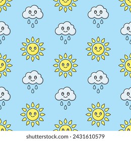Nubes y soles kawaii blancos con caras sonrientes y contorno negro sobre fondo azul. Vector patrón sin fisuras. Ideal para textiles, impresión, papel de embalaje, paquete y su diseño.