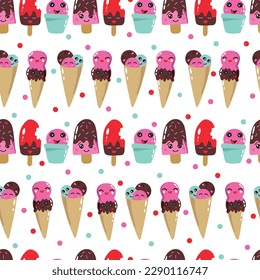 White Kawaii ice cream seamless pattern background. Kawaii ice cream with happy faces.