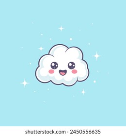 Pequeña nube kawaii blanca con cara sonriente y contorno negro sobre fondo azul. Ilustración plana de Vector.