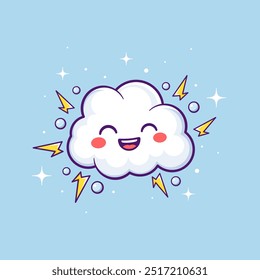 Nube blanca de la pequeña tormenta eléctrica del kawaii con la cara sonriente y el contorno negro en fondo azul. Ilustración plana de Vector.