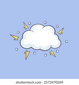 White kawaii little thunderstorm cloud with black outline on blue background. Vector flat illustration.